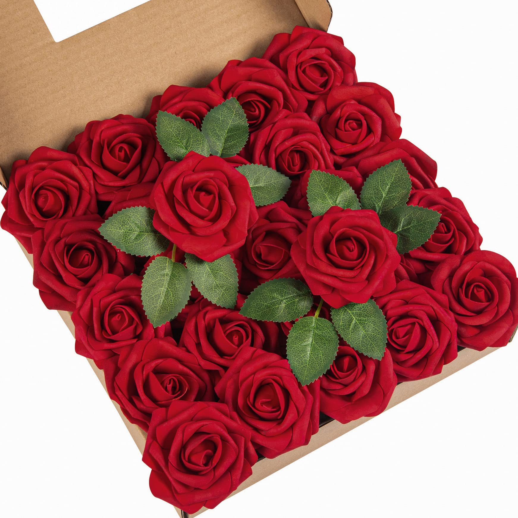 Photo 1 of DuHouse 25Pcs Artificial Roses Flowers Fake Roses with Stems Real Touch Foam Flowers for DIY Wedding Bouquet Baby Shower Centerpiece Floral Arrangement Party Home Decor(Dark Red)