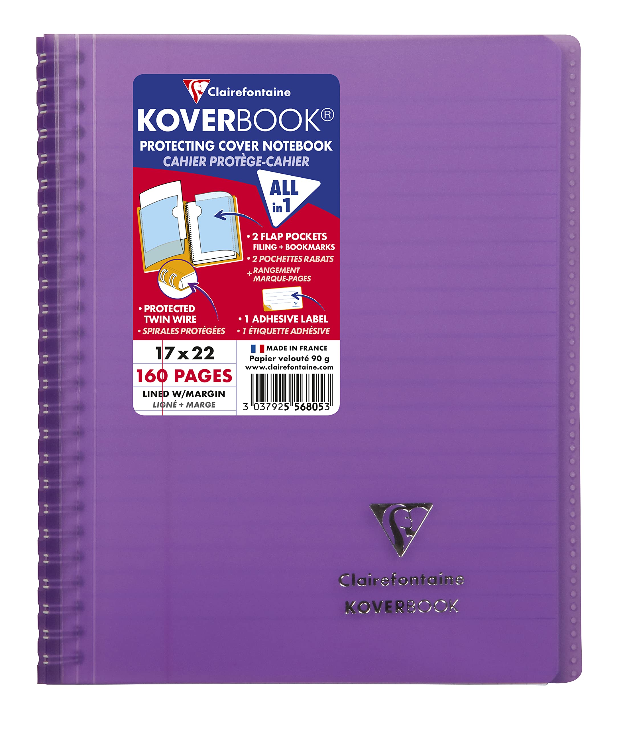 Clairefontaine 556805C - One Purple Koverbook Spiral Notebook - Dimensions: 17 x 22 cm - 160 Lined Pages with Margin - 90 g White Paper - Polypro Cover