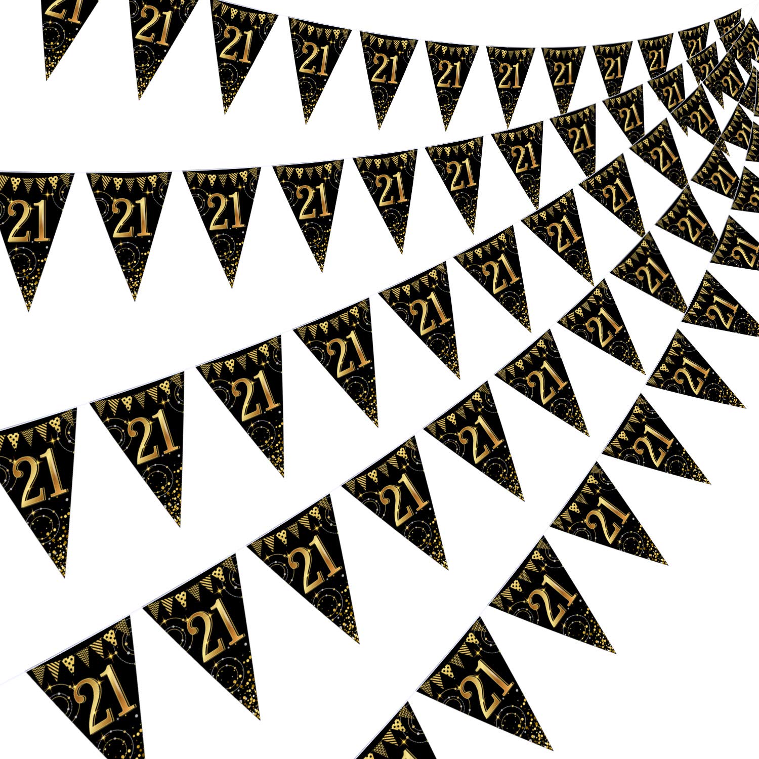 Frienda Happy 21st Birthday Banner Bunting Flags 5 Pcs 21st Birthday Party Decorations Men Women Gold and Black Glitter Decor Anniversary Party Supplies, 7.4 x 10.8 Inch