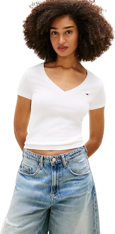 Damen 3er Pack T-Shirts Kurzarm V-Neck aus Baumwolle, Mehrfarbig (Black/Ecru/Dark Night Navy), M