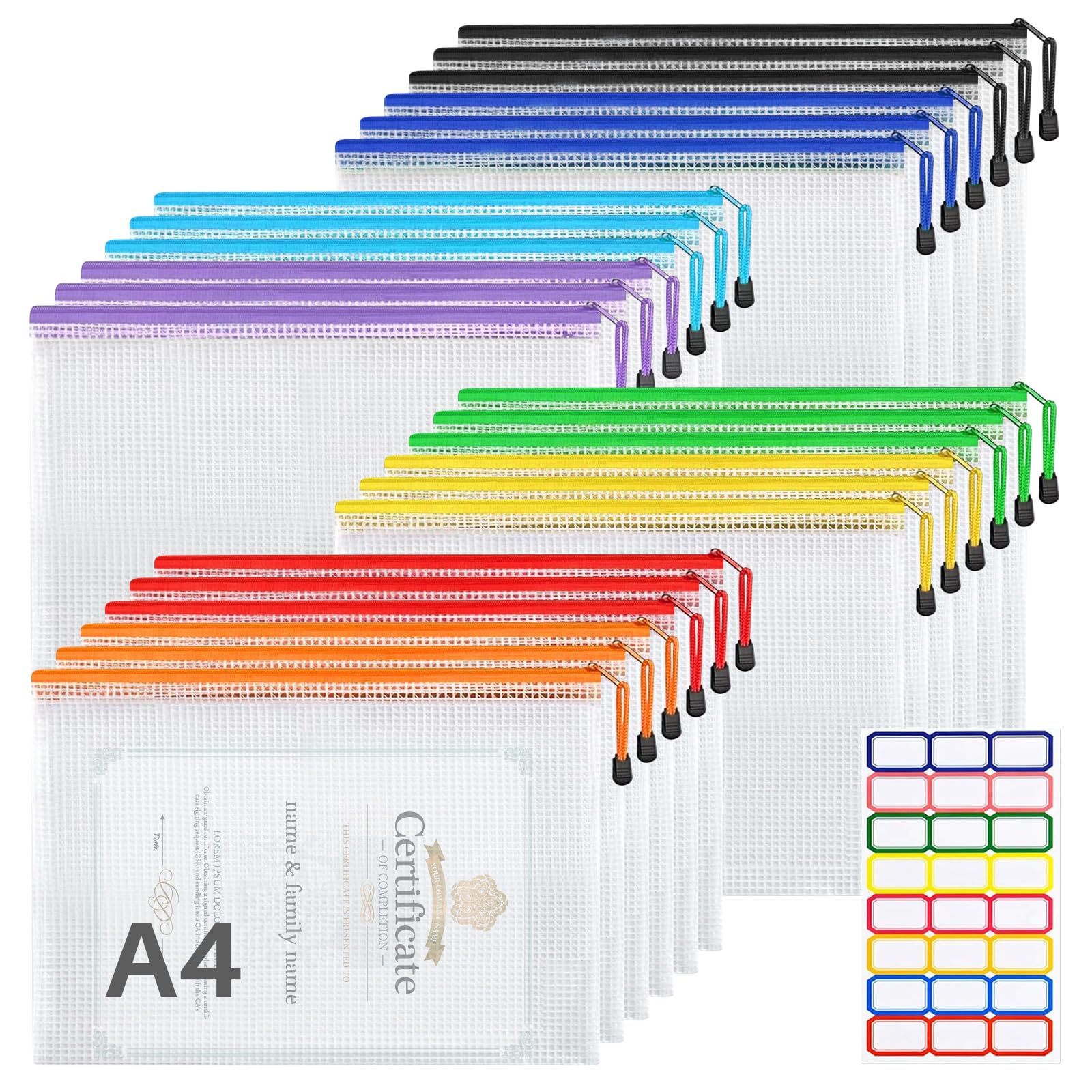 WenYa A4 Plastic Zip Wallets, 24Pcs Mesh File Folder Zipper Bags, A4 Waterproof Document Storage Bags with Stickers for School Office Travel Puzzles Games Storage Cosmetics