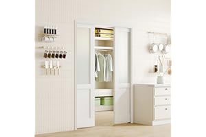 Lakenyon Sliding Pocket Door, 48in.(Double 24 in.) x 80 in, Half-Frosted Glass with Frame and Hardware Kit Set, Interior Door Slab for Pocket Doors, White Primed - No Panel Assembly Required