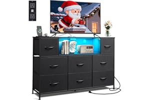 WLIVE Black Dresser TV Stand for 45, 50, 55 inch TV, Entertainment Center with LED Lights & Charging Station, Chest of Drawers with 8 Fabric Drawers and Open Shelves for Living Room, Hallway, Wood Top