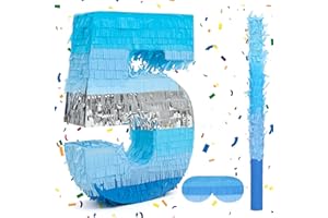 Birchio Number 5 Pinata Bundle with a Blindfold and Bat(16.2 x 11 x 4 Inches), Perfect for Boys and Girls Birthday Party Supplies, Blue Theme Birthday Decoration