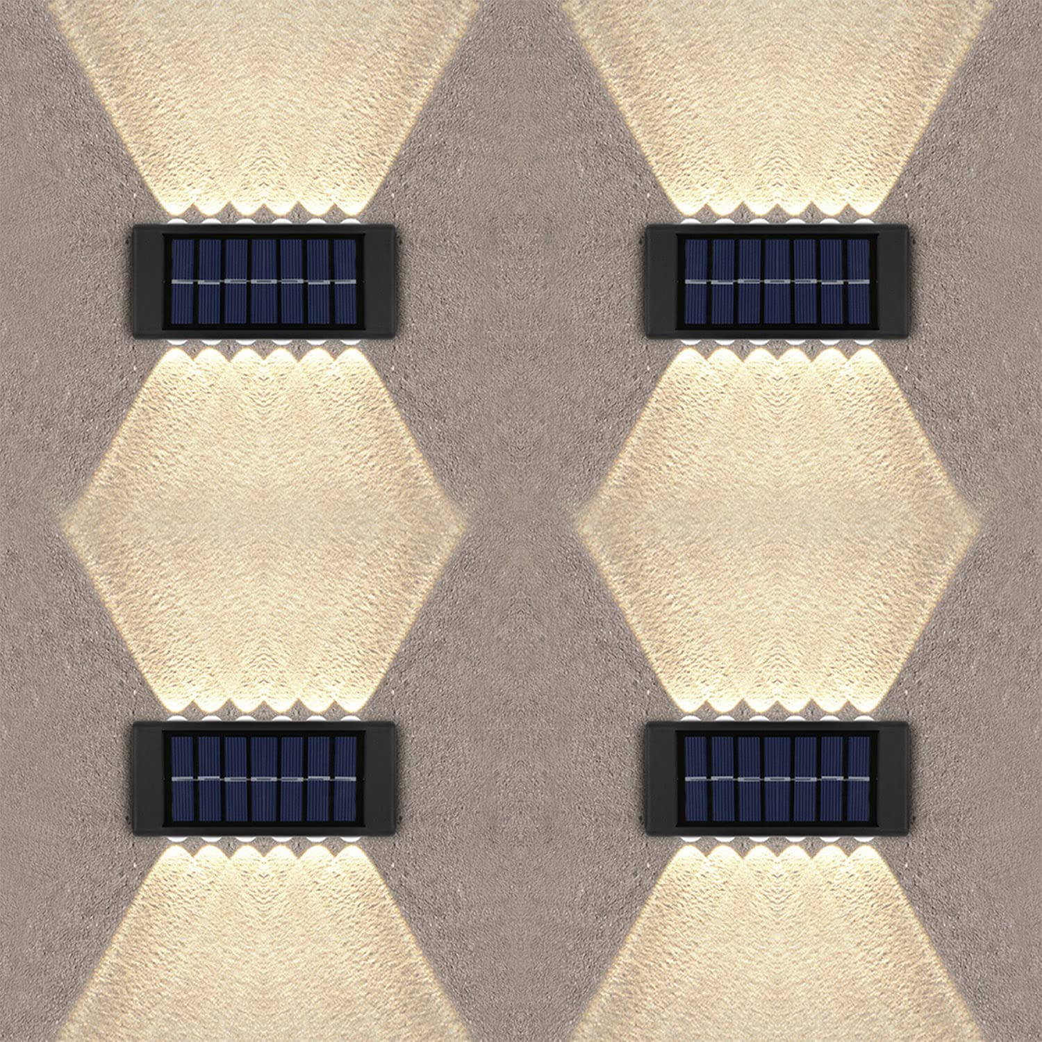 Leehui 4 Pack Solar Wall Lights Outdoor, 12 LED Waterproof Solar Fence Lights Up and Down Wall Lamps for Garden Decoration, Fence, Yard, Front Door, Pathway (12 LED Warm White, 4 Pack)
