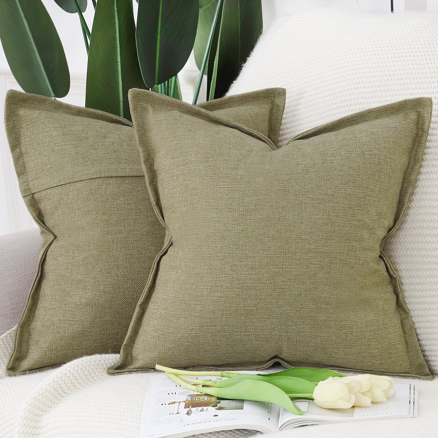 Madizz Set of 2 Faux Linen Cushion Covers with Broad Edge Soft Boho Decorative Pillow Cases for Sofa Bedroom Modern Pillow Shell 24x24 inch, 60x60 cm Moss Green