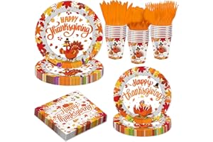 YQUQWN 168PCS Thanksgiving Party Supplies - Thanksgiving Plates, Napkins, Cups, Spoons, Forks, and Knives Sets, Disposable Thanksgiving Turkey Tableware, Fall Thanksgiving Party Decorations, Serves 24