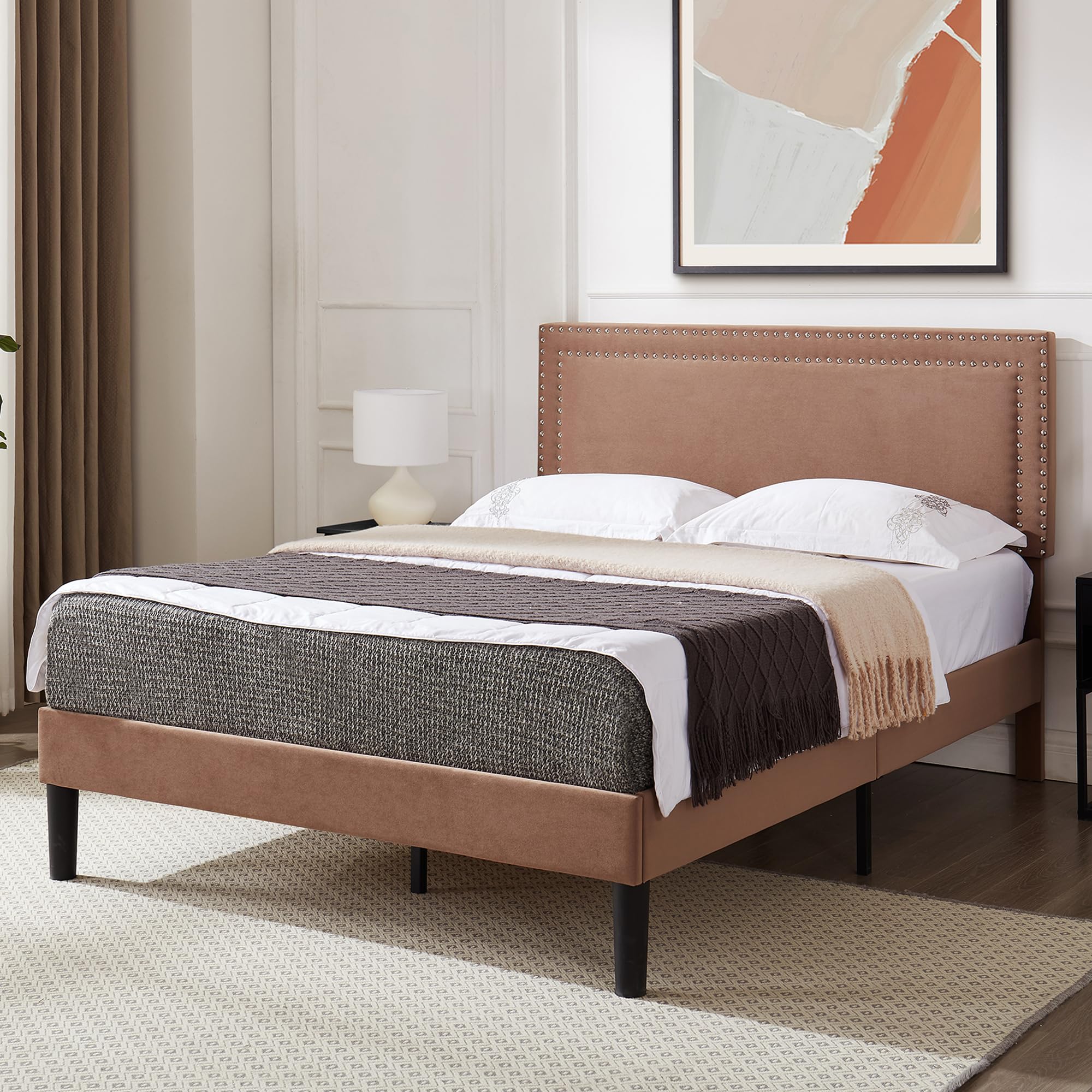 VECELO Bed Frame Queen Size with Adjustable Upholstered Headboard, Wooden Slats Platform, Noise-Free Design, Easy Assembly Image VECELO Bed Frame Queen Size with Adjustable Upholstered Headboard, Wooden Slats Platform, Noise-Free Design, Easy Assembly Image