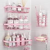 Liuoud 5 Pack Shower Caddy for Inside Shower, Pink Bathroom Decor Set | Large Rustproof Stainless Steel Organizer with Strong Adhesive, No Drilling Wall Shelves, Cute Girly Bathroom Accessories