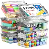 BiuLeon 8 Pack Large Pencil Box Set, Plastic Clear Pencil Case Marker Organizer, Crayon Box Craft Organizers, Stackable Storage Containers with Lid for Pen, Art and Craft Supplies(Grey)