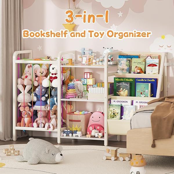 CYXPHION B1 KIDS BOOKSHELF AND TOY STORAGE, 3-TIER BOOK SHELF FOR KIDS ROOMS, SLING BABY BOOKCASE WITH STUFFED ANIMAL STORAGE, MONTESSORI TODDLER BOOKSHELF FOR NURSERY, BEDROOM, PLAYROOM, WHITE