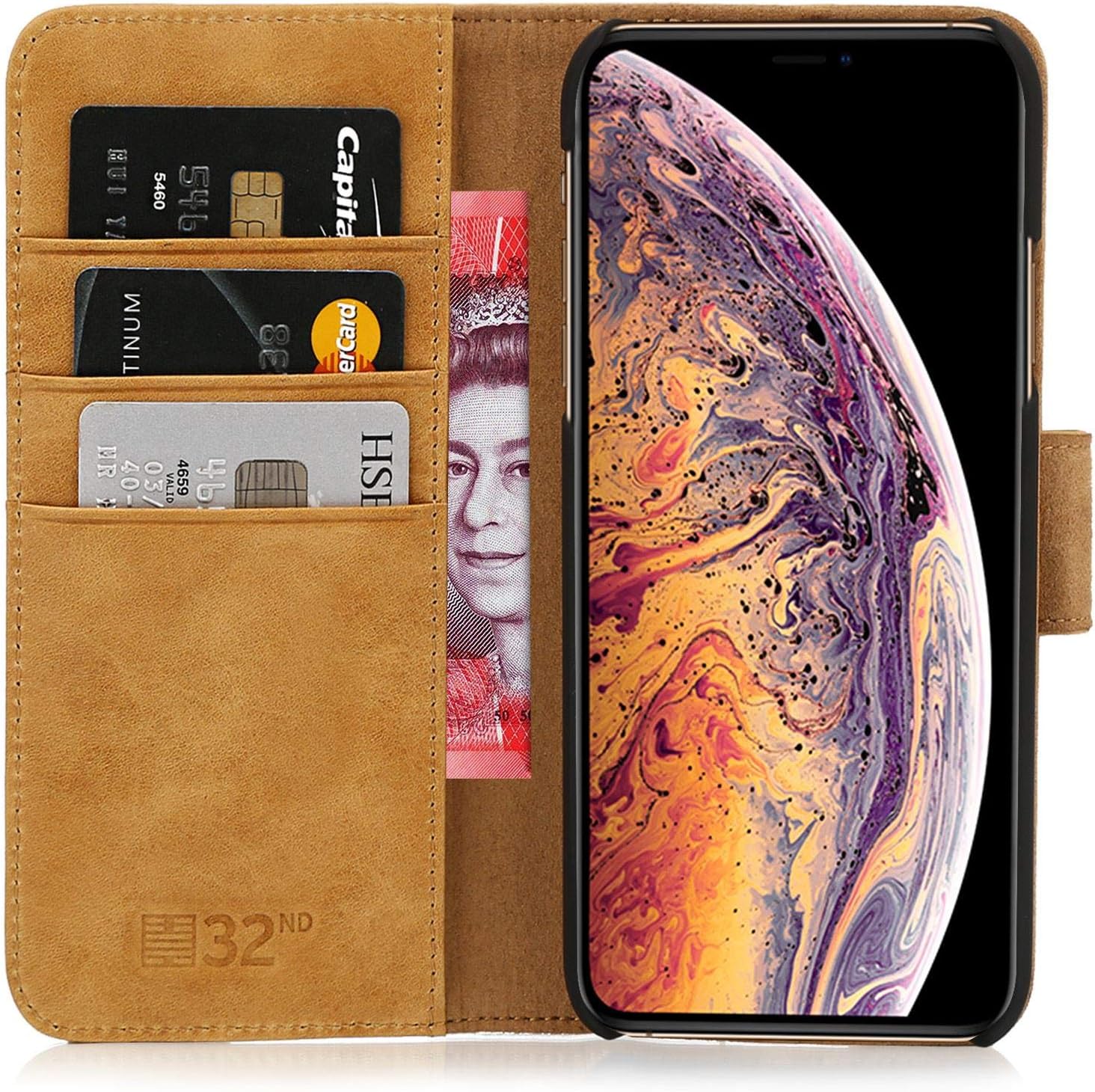 32nd Premium Series - Real Premium Leather Book Wallet Case Cover For Apple iPhone XS Max, Real Leather Flip Design With Card Slot, Magnetic Closure and Built In Stand - Tan - Image 5