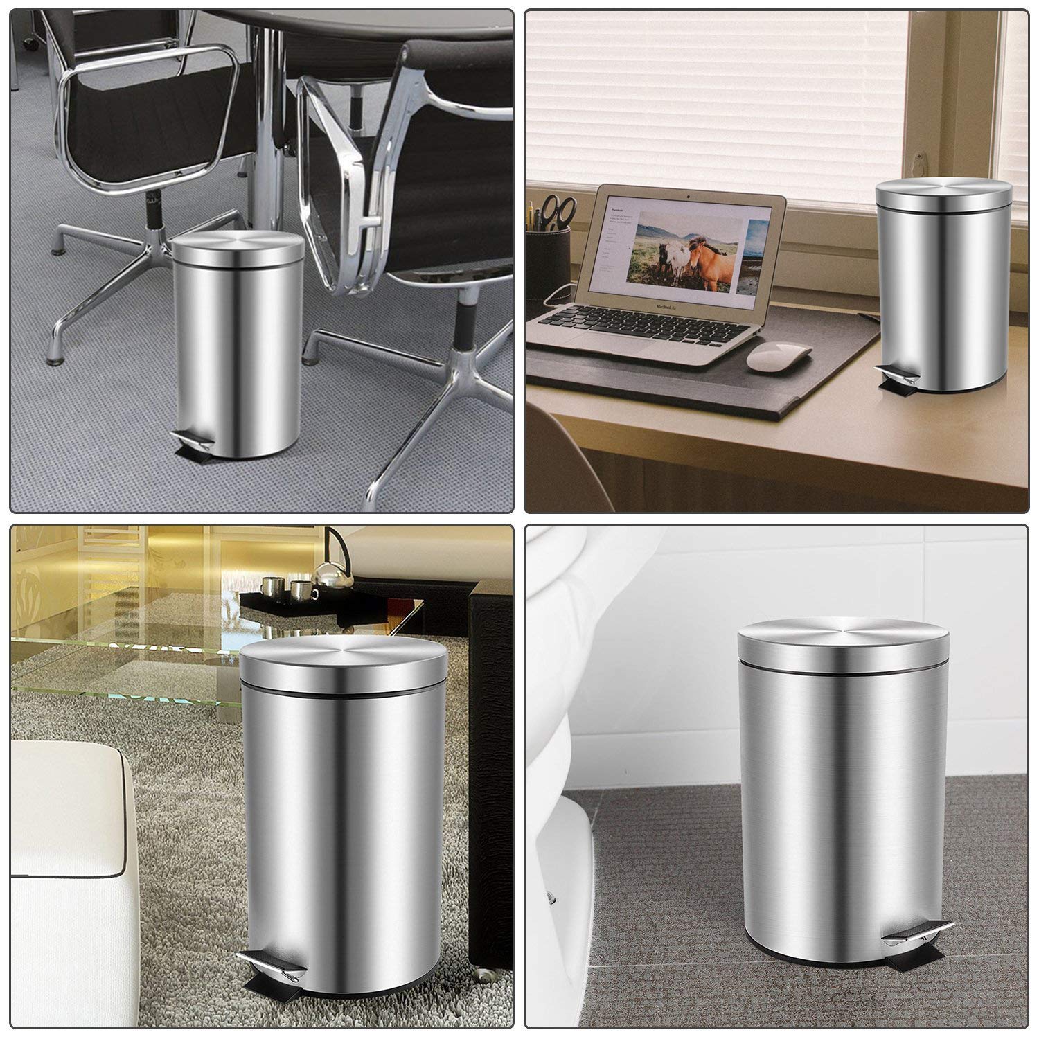 YCTEC Round Mini Trash Can with Lid Soft Close, Bathroom Trash Can with Removable Plastic Inner Wastebasket, Anti-Fingerprint Brushed Stainless Steel Trash Can for Bedroom Office, 0.8 Gal/3 L