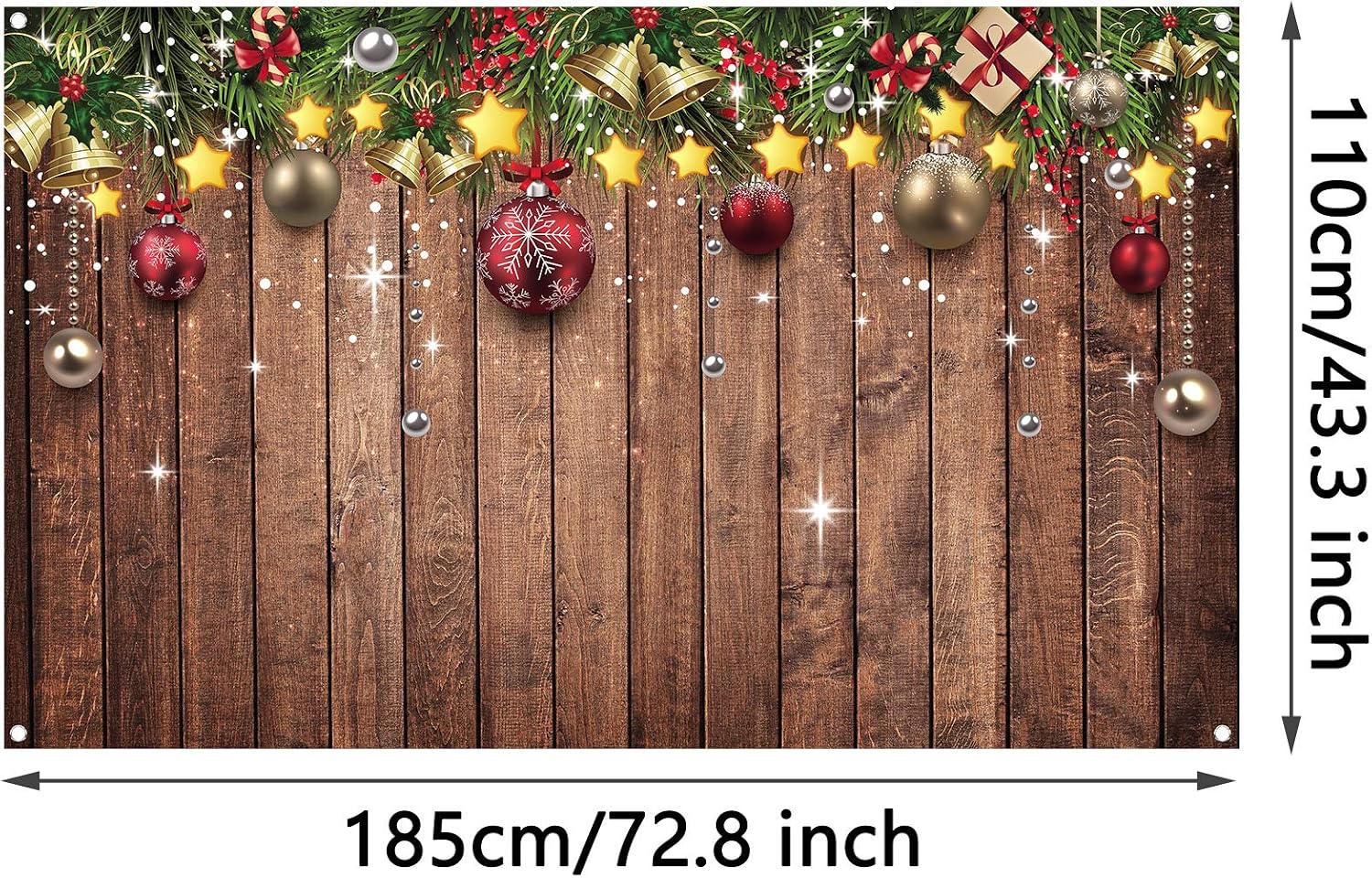 Christmas Backdrop Fabric Wood Pattern Merry Xmas Ornaments Pine Tree Photo Background, 72.8 x 43.3 Inch, Multicolor - Image 3