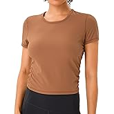 YUNOGA Womens Workout Top Short Sleeve Ribbed T-Shirt Compression Athletic Yoga Shirts