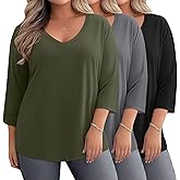 Ficerd 3 Pack Cotton Plus Size 3/4 Sleeve Tops for Women V Neck T-Shirts Casual Loose Fit Trendy Basic Tees Clothes