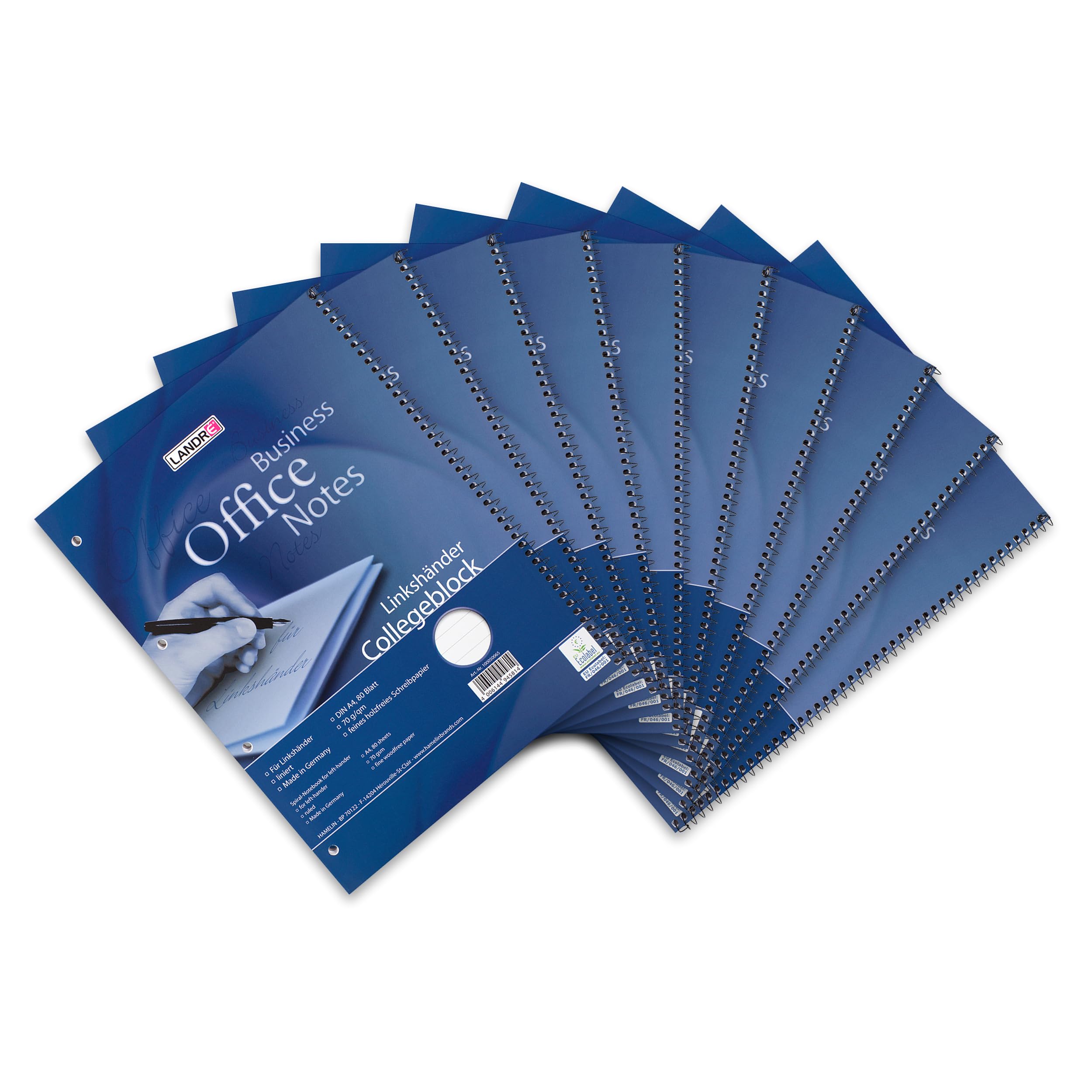 Landre 100050065 Left-Handed Spiral-Bound Notebook, A4 Tear-Out, 80 Pages, Lined, 70 g/m², Spiral on the Right (Pack of 10) 0