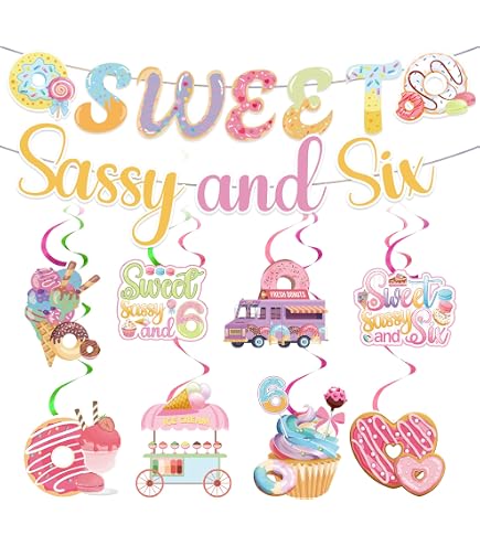 Sweet Sassy And Six 6th Birthday Decorations Kit - 2 Banners & 8 Hanging Swirls, Pastel Ice Cream Donut Theme - View #10