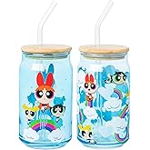 Silver Buffalo The Powerpuff Girls Flying Through Rainbows Featuring Bubbles, Blossom, and Buttercup 2 Pack Blue Glass Jar Tumbler with Bamboo Lid and Glass Straw, 16 Ounces