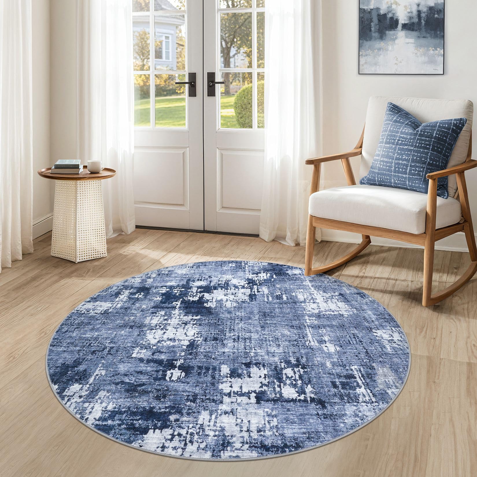 DMOYEST 4ft Round Area Rug Living Room Rugs - 4x4 Washable Large Soft Indoor Neutral Modern Abstract Low Pile Rug Carpet for Bedroom Dining Room Farmhouse Home Office - Navy Blue Image