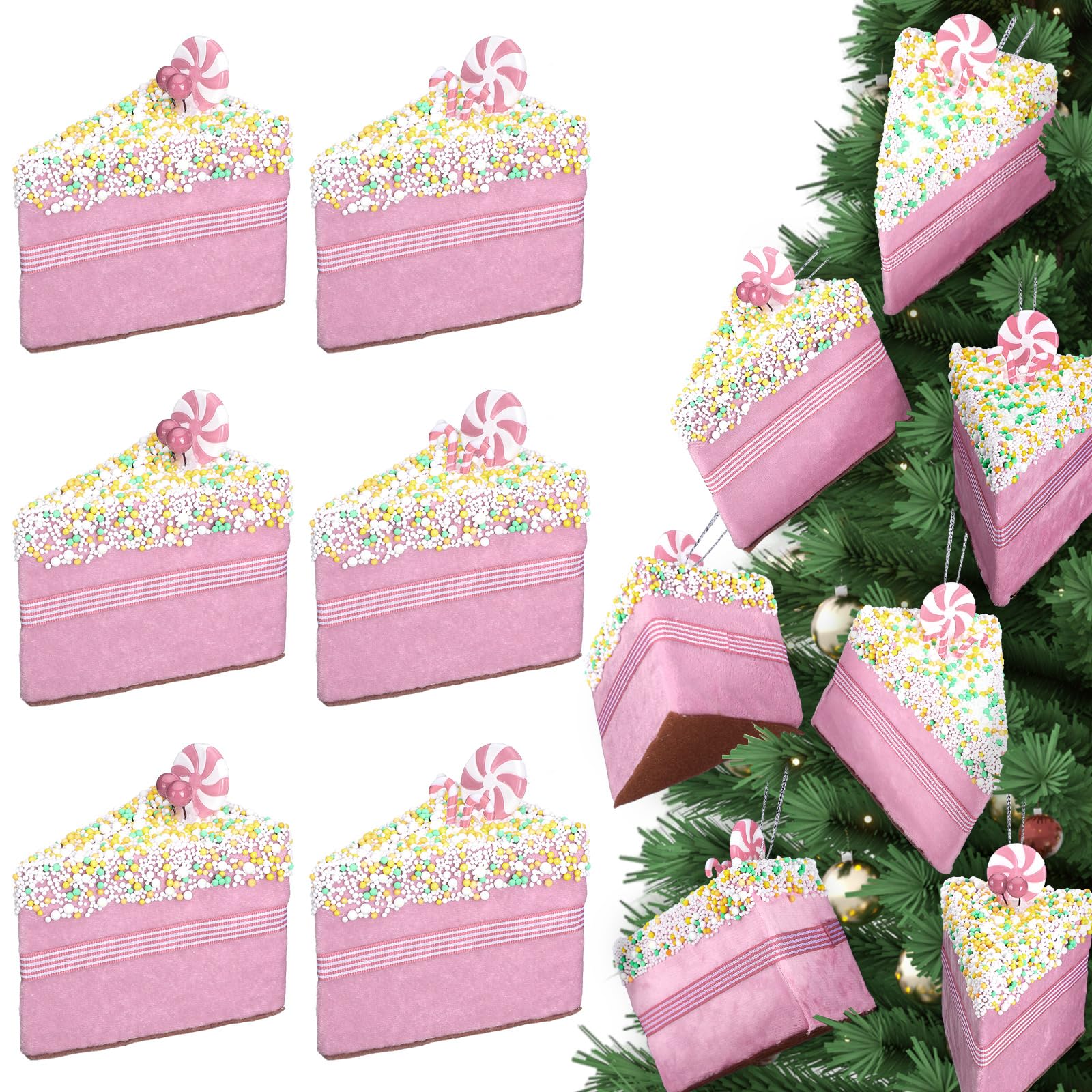Photo 1 of  Pcs 5.1 Inch Large Pink Cake Ornaments for Christmas Tree Xmas Cake Slice for Christmas Tree Decoration Shatterproof Dessert Hanging Ornament for Birthday Gifts Party Decorations Home