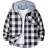 Boys Long Sleeve Button-up Shirt with Hood Unisex Kids Cotton Plaid Hoodie Flannel Fall Shirts for 6-15 Years