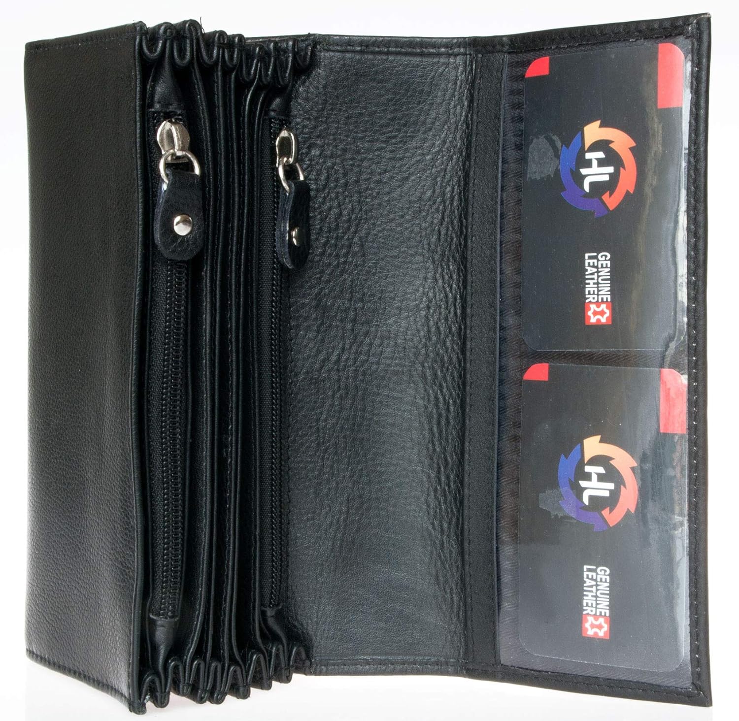 Waitress Style Large Soft Black Genuine Leather Wallet Without Closing Button, Schwarz - Image 5