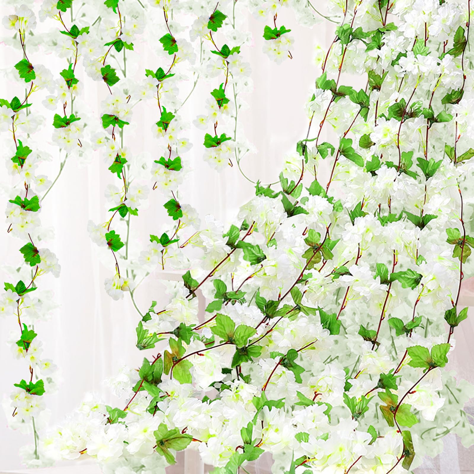Bacucine 6PCS Artificial Cherry Blossom Flower Vines Fake Cherry Blossom Flower Hanging Flowers Vine Faux Sakura for Home Wedding Party Decor (White)