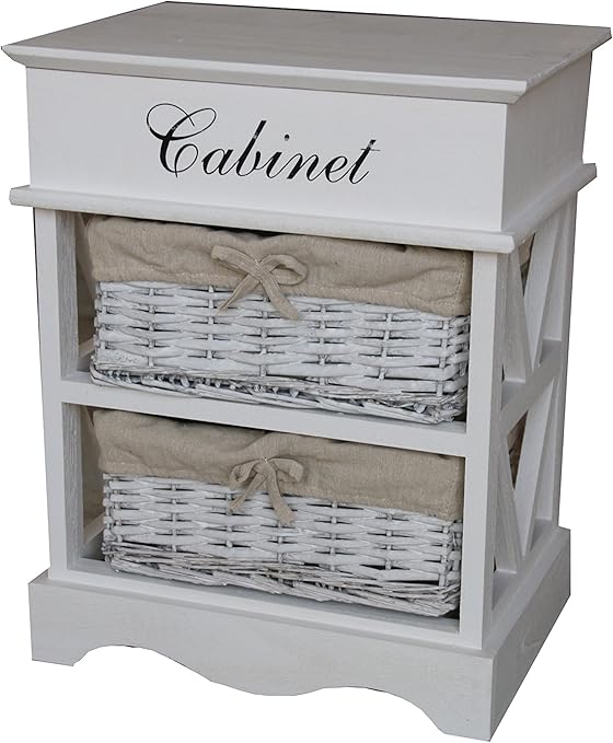 Shabby Chic Modern Wooden White Cabinet Storage Units Cupboard Bedside Table With 2 Wicker Baskets Drawer Bedroom Bathroom Kitchen Furniture 2 Baskets Amazon Co Uk Kitchen Home