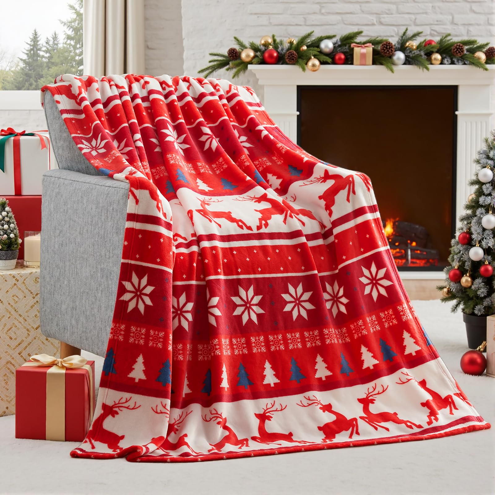 Joiedomi 130x150cm Red Fair Isle Christmas Throw Blanket, Soft Fannel Blanket, Warm Plush Christmas Decoration, Winter Cozy Holiday Cabin Throw for Sofa Couch