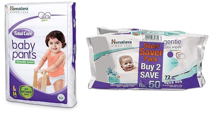Himalaya Total Care Baby Pants Diapers, Large(54 Count) & Gentle Wipes (72 Count, Pack of 2)