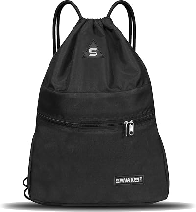 SAWANS Drawstring Gym Bag Waterproof Pocket Zipper Sack Black
