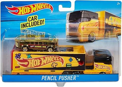 Hot Wheels Pencil Pusher Vehicle Truck & School Bus Car Set w/Detachable Cab New