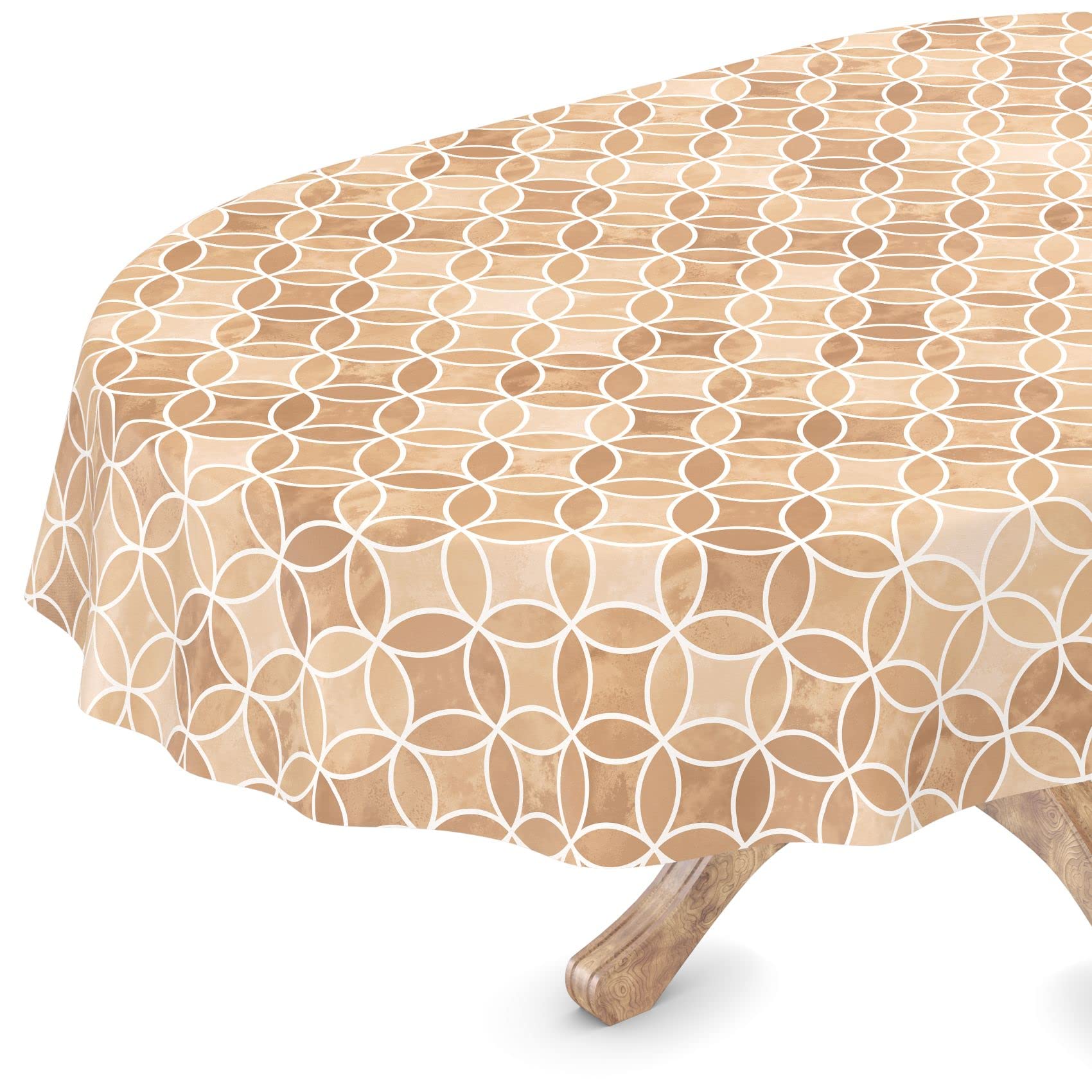 Kaleidoscope Washable Oilcloth Tablecloth Oval 140 x 220 cm Cut Edge Beige Easy Care