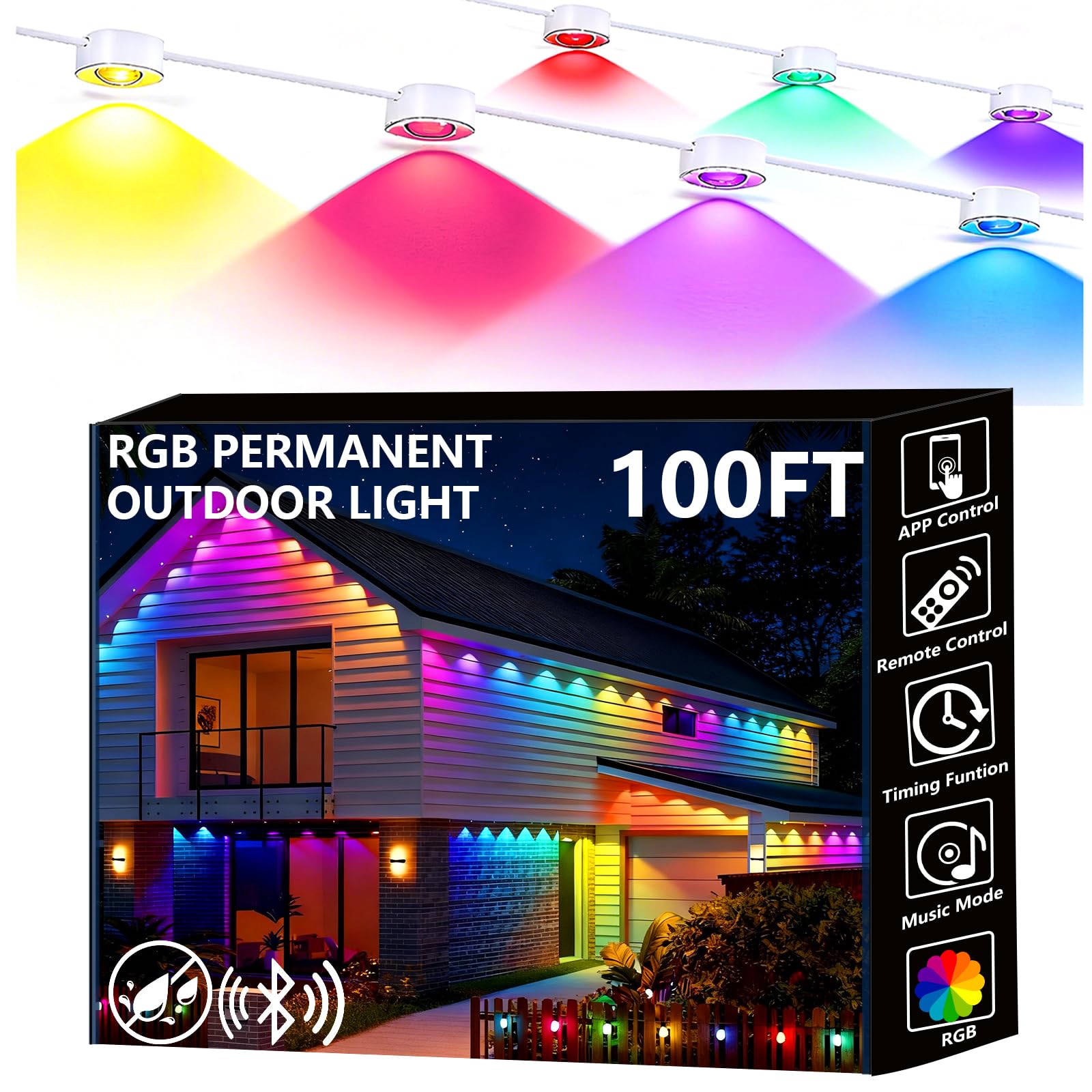 Photo 1 of Sunwuko Permanent Outdoor Lights, 100ft Smart Eave Lights with RGB LED Light, IP67 Waterproof, App Control, DIY RGB Light for House Halloween Decorations