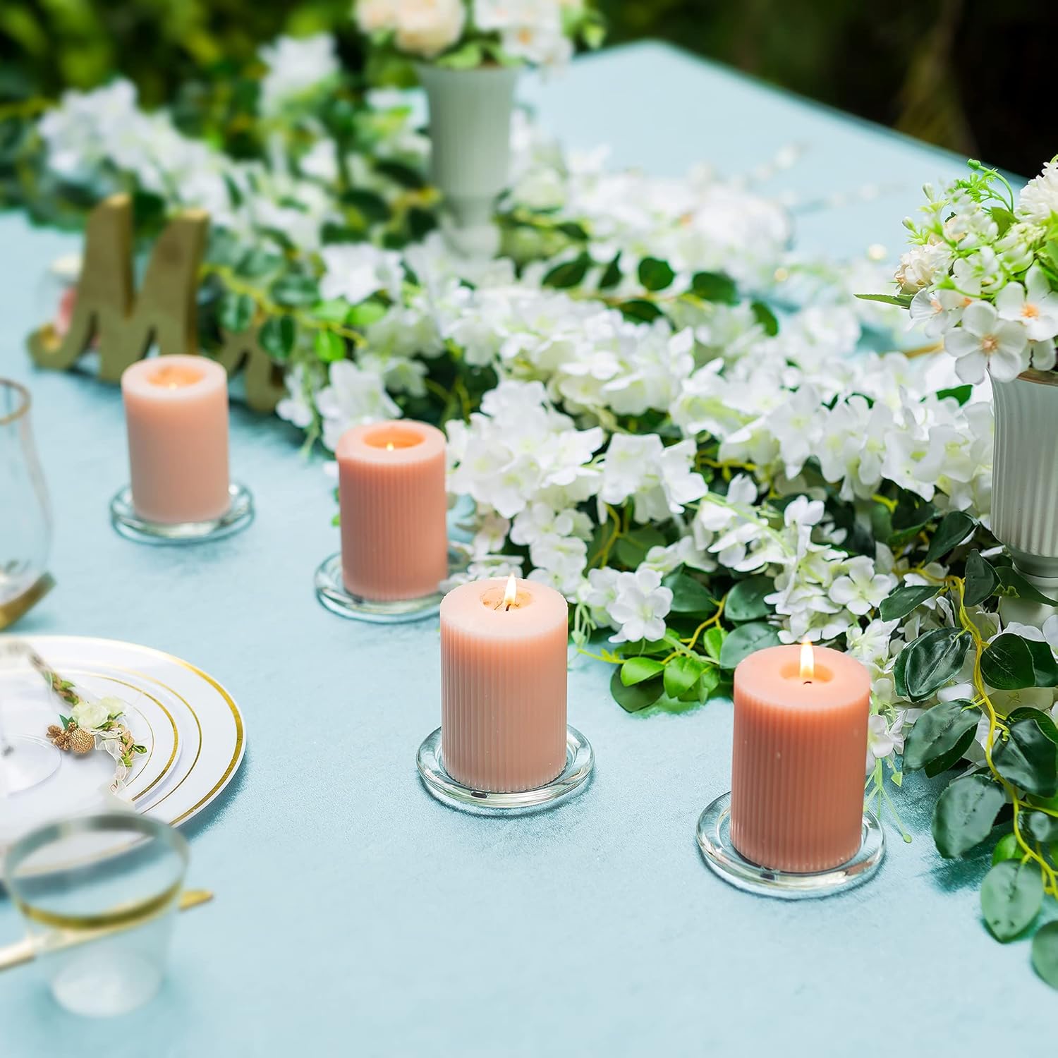 Pillar Candle Holder Plates - 4 Pcs Basic Round Clear Glass Votive Candle Holders for Wedding, Spa, Home, Party Decoration, Clear, 4 inches in Diameter: Kitchen & Dining