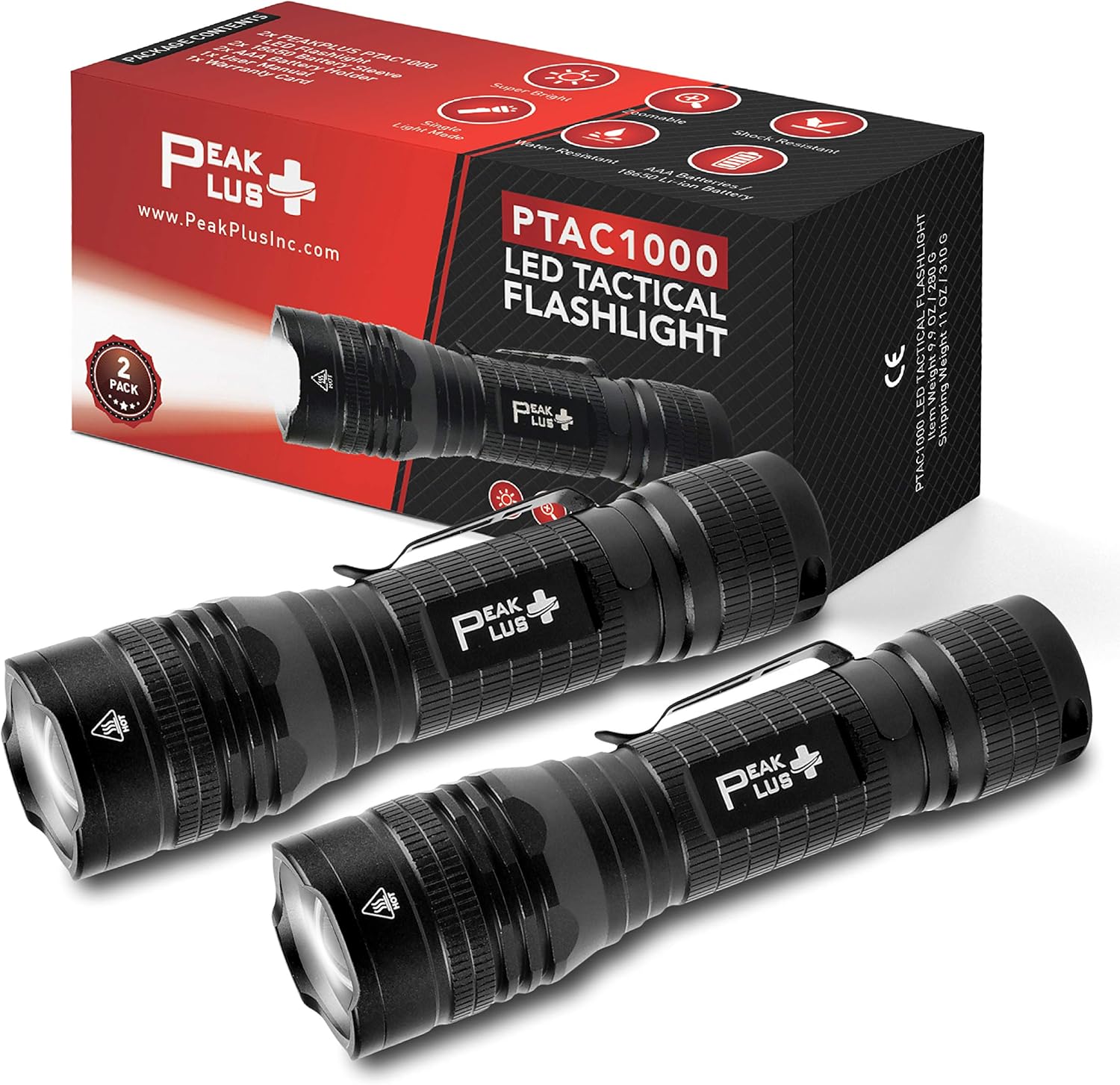 PeakPlus LED Tactical Flashlight PTAC1000 [2 PACK] - Single Mode, High Lumen, Zoomable, Water Resistant, Flash Light - Camping, Outdoor, Emergency, Everyday Flashlights with Clip - - 