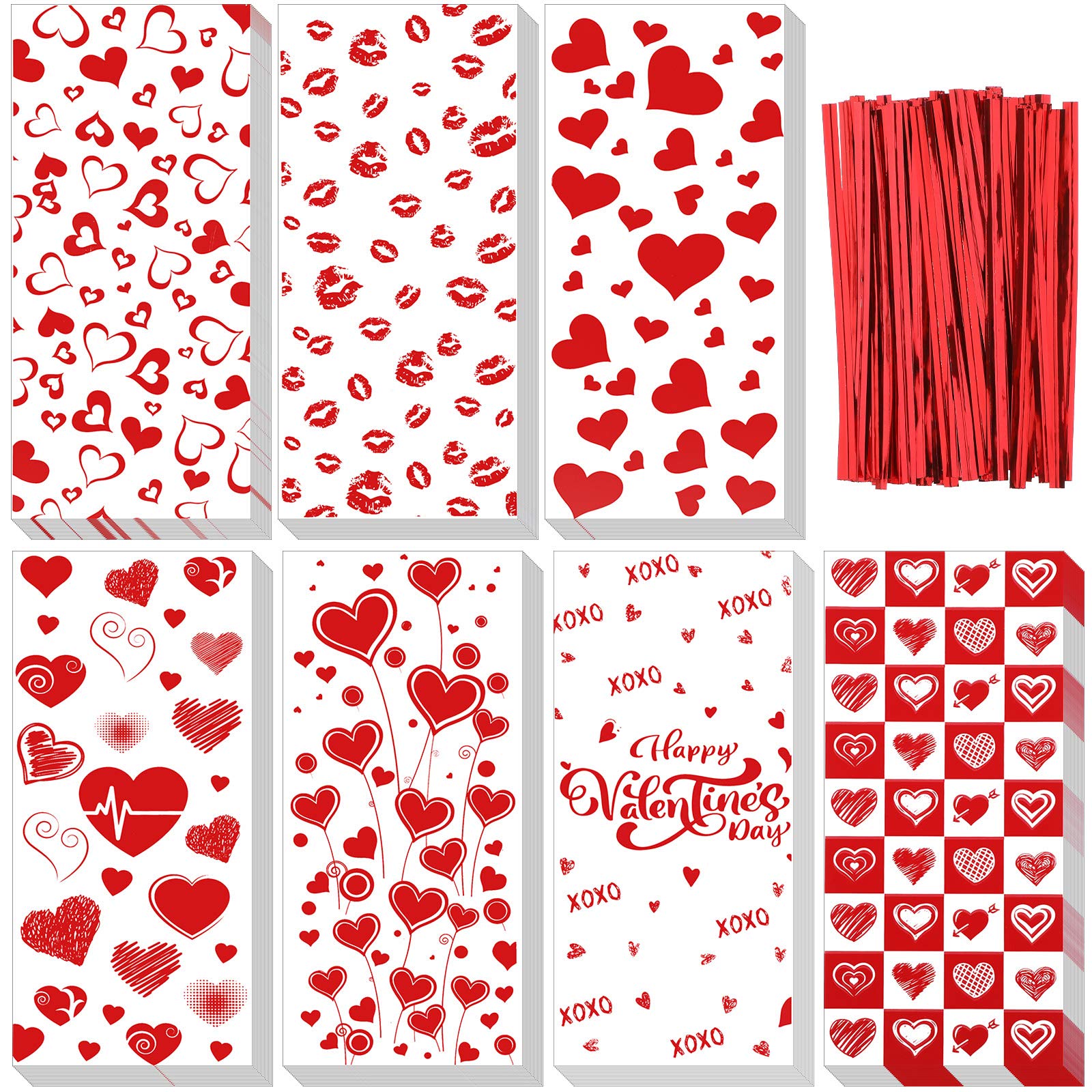 Zonon 175 Pcs Valentine's Day Cellophane Bags Bulk Valentines Gift Goodie Bag Clear Red Heart Treat Candy Snack Pouch Heart Cellophane Baggies with Twist Ties for Valentines Day Party Favor Supplies