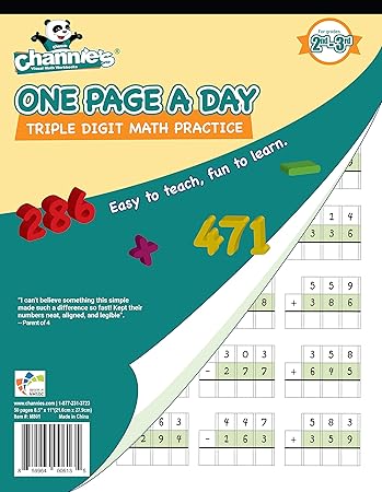 Channies One Page A Day Triple Digit Math Workbook Worksheet For 2nd Grade Math 3rd Grade Mathrade Simply Tear Off On Page A Day For Math Repetition - 