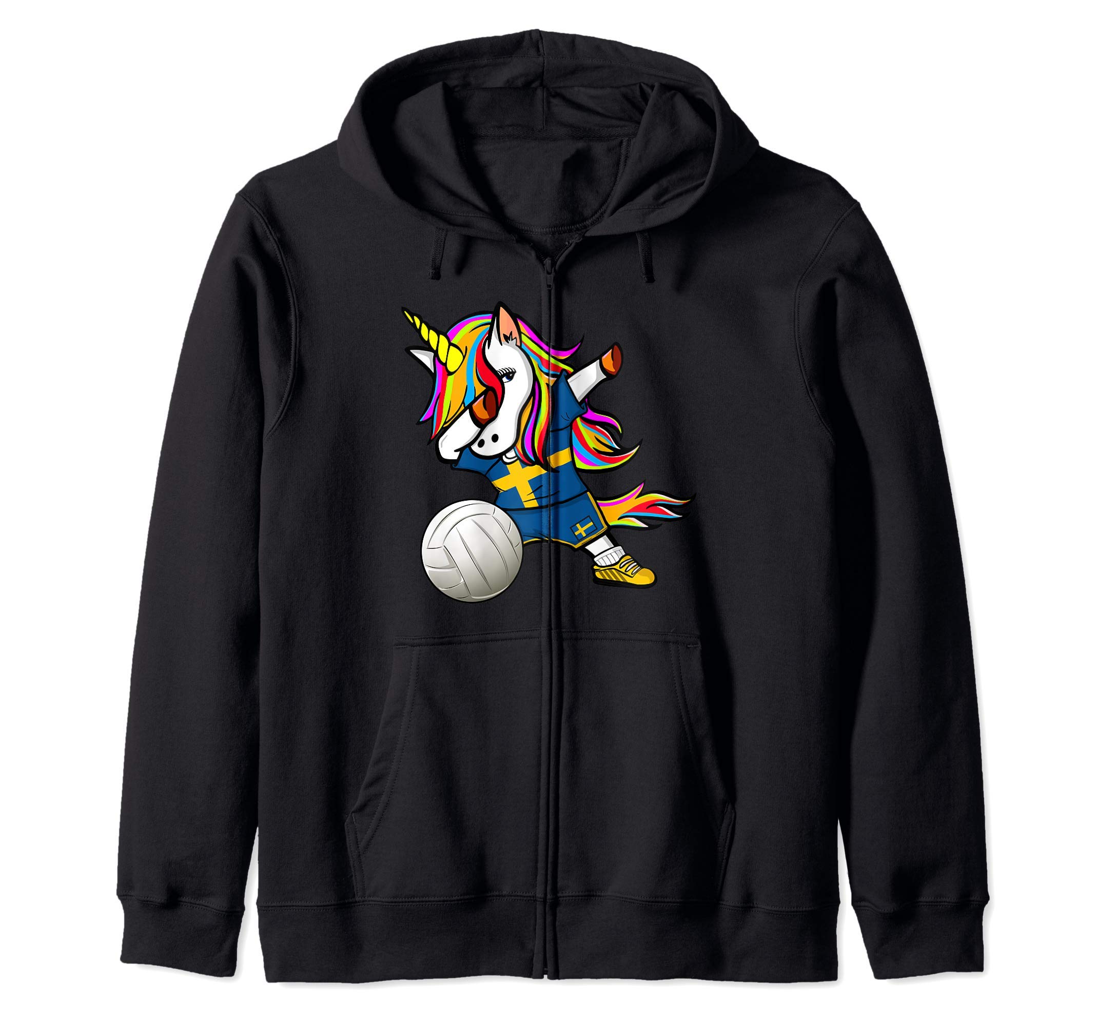Dabbing Unicorn Sweden Volleyball Fans Jersey - Swedish Flag Zip Hoodie