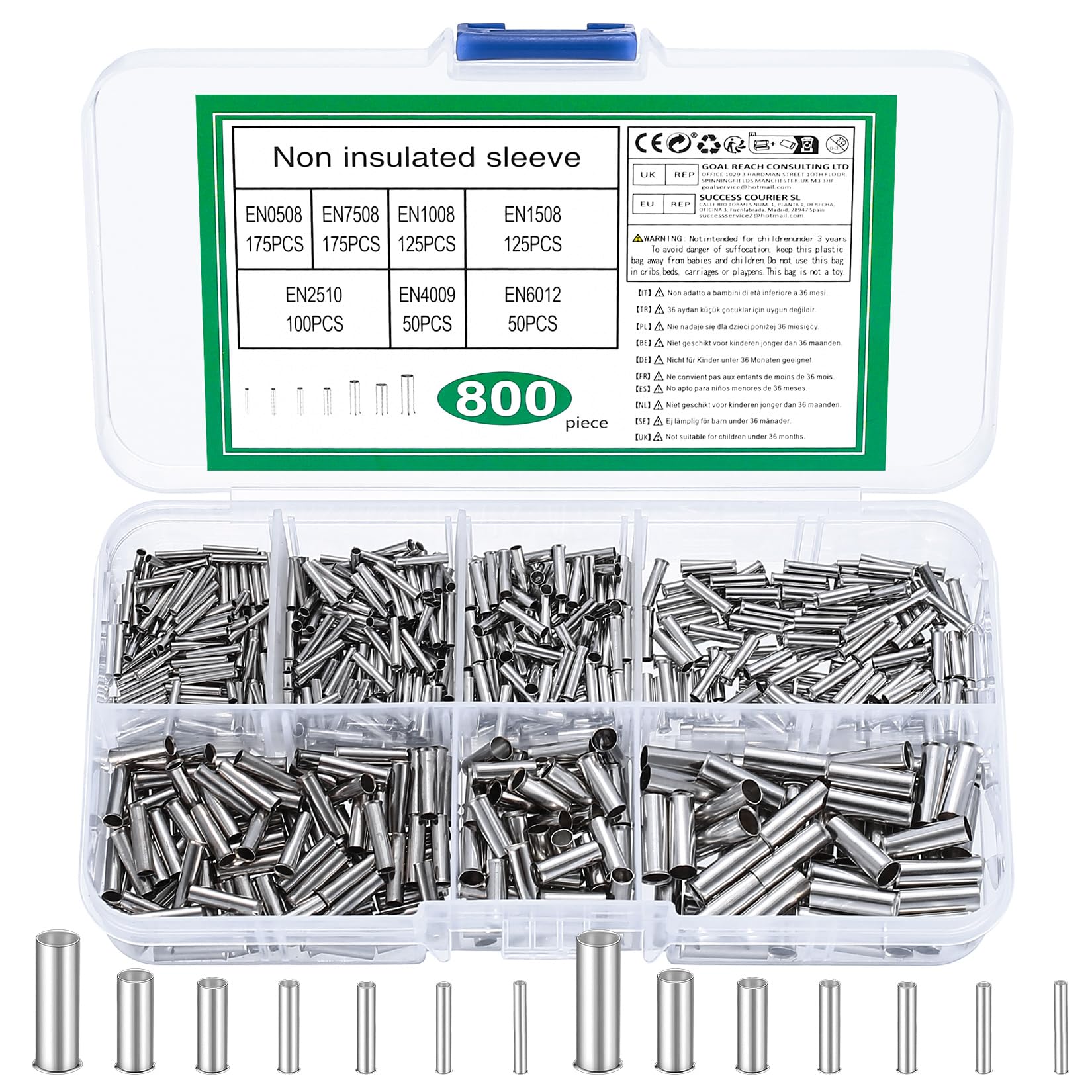 800 Pcs Wire Ferrules Kit, Electrical Crimp Connectors, Tinned Copper Ferrule Crimp Terminals, Non-Insulated Cable Pin Cord End Cable Terminal Connectors, Fitting Wire End Ferrules, 10-22 AWG