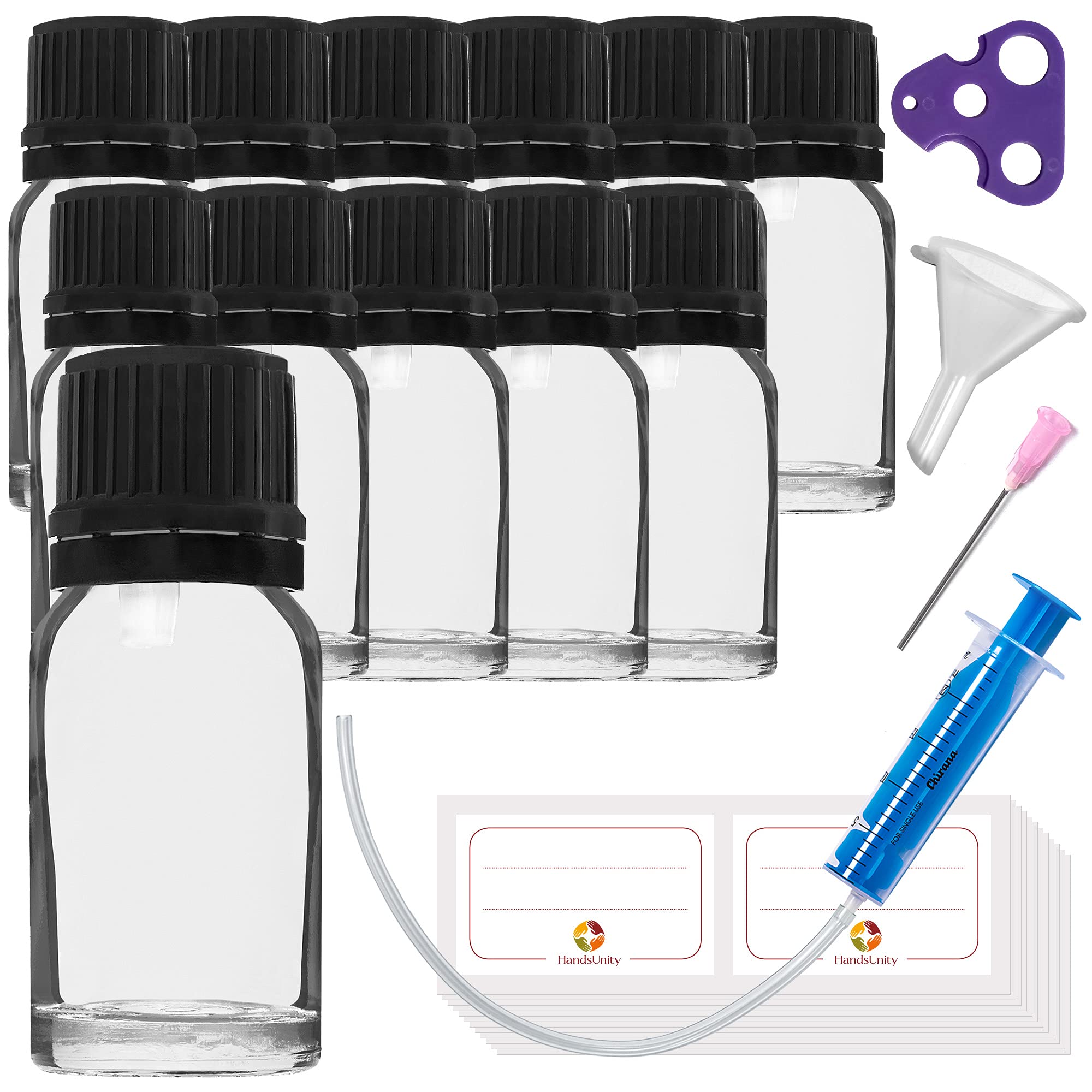 HandsUnity 10ml-12pcs of Dropper Insert Bottle - Small Clear Glass Bottle Apothecary Glass set with Black Dropper Insert Cap made of Transparent Glass set including 30 auxiliary Accessories