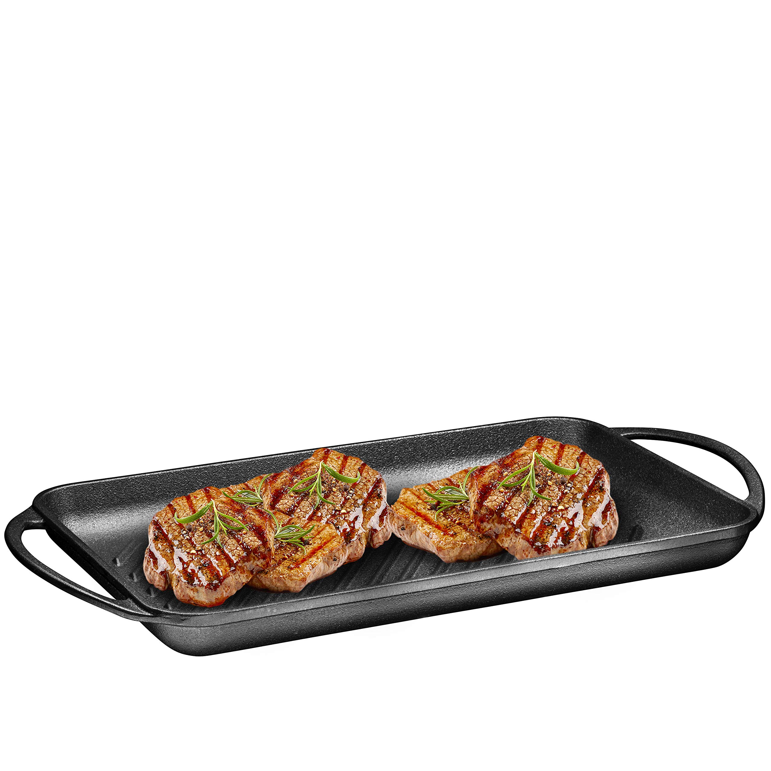 Bruntmor Rectangular Cast-Iron Grill Pan - Non-Stick Pan for Stovetop with Raised Lines for Perfect Seared Lines on Steak, Fish and BBQ - Chip Resistant - Loop Handles, Black