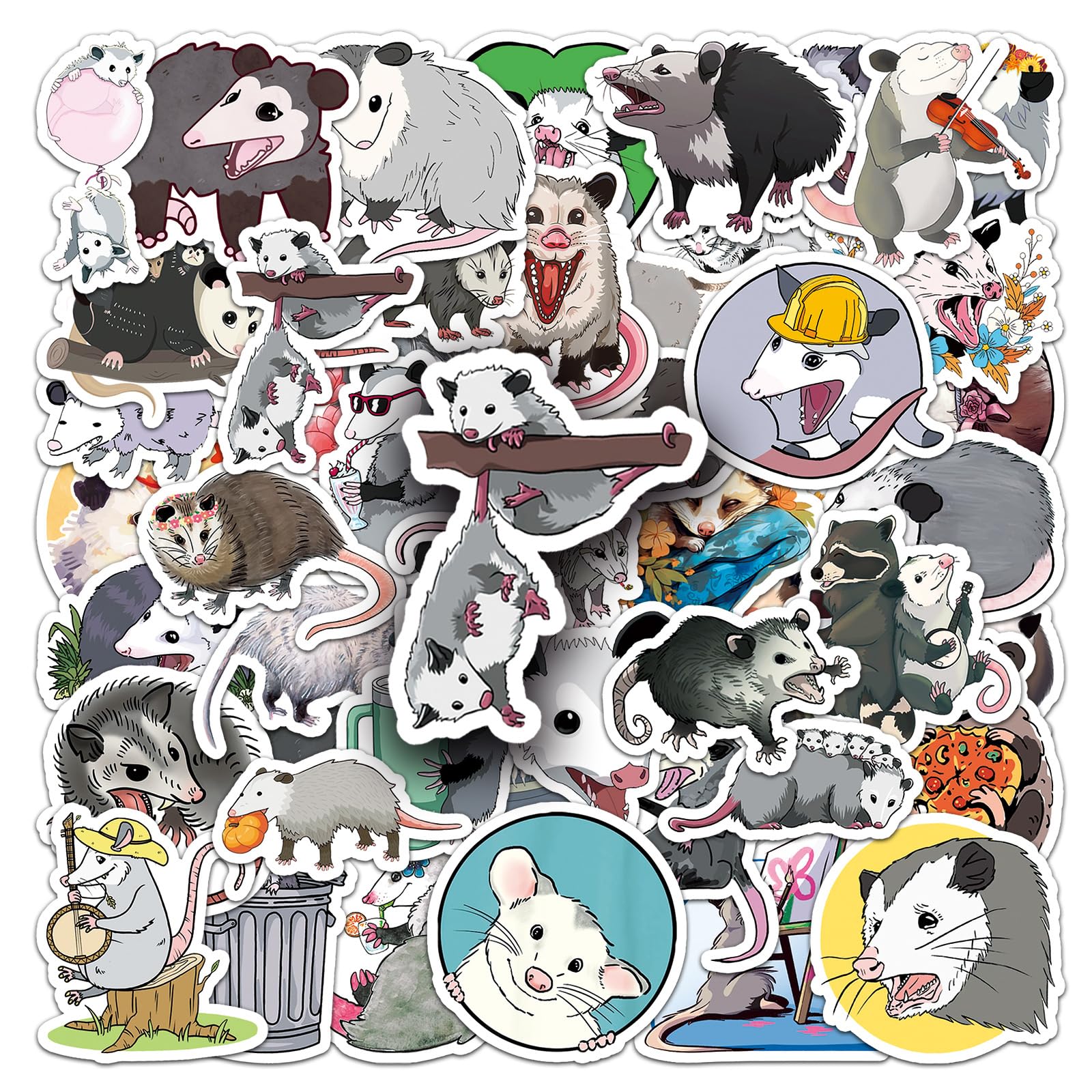 50 Pcs Possum Stickers for Helmet,Water Bottle,Computer,Car,Laptop,Skateboard,Phone,Luggage, Scrapbook,Bike,Waterproof Vinyl Animal Sticker,Children Boys Adults Gift,Cute Cartoon Graffiti Decals