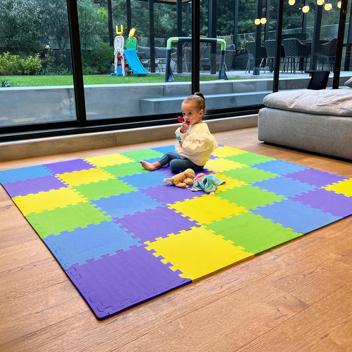 MioTetto Soft Non-Toxic Foam Baby Play Mat | Colorful Jigsaw Puzzle Play Mat | 36 Squares Foam Floor Mats for Kids & Babies | EVA Foam Interlocking Tiles, Purple-canary-emerald-indigo, 36