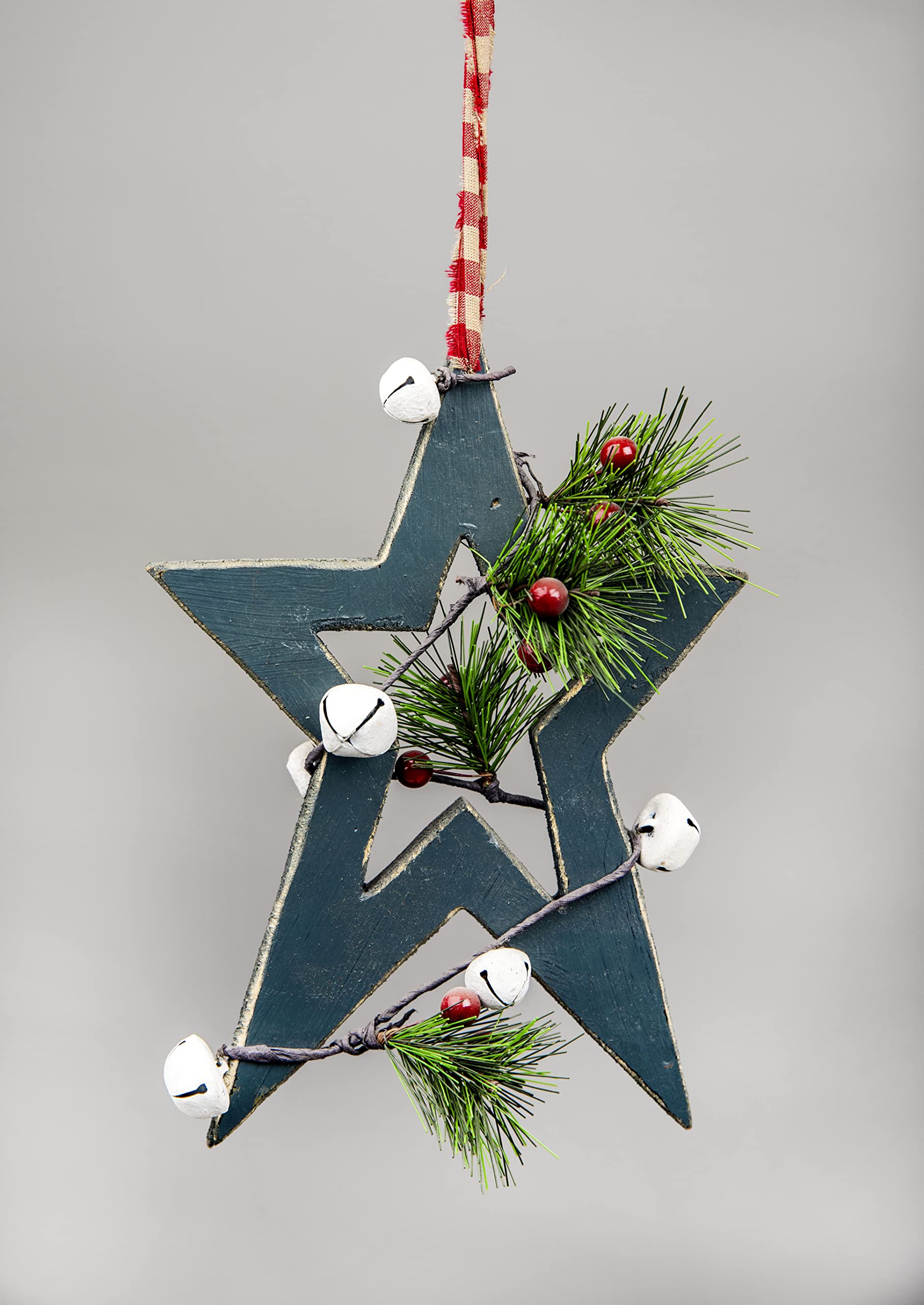 36cm Green Wooden Star Wall Hanging Ornament Decorated with White Bells Berries and Pines Christmas Holiday Home Decorations