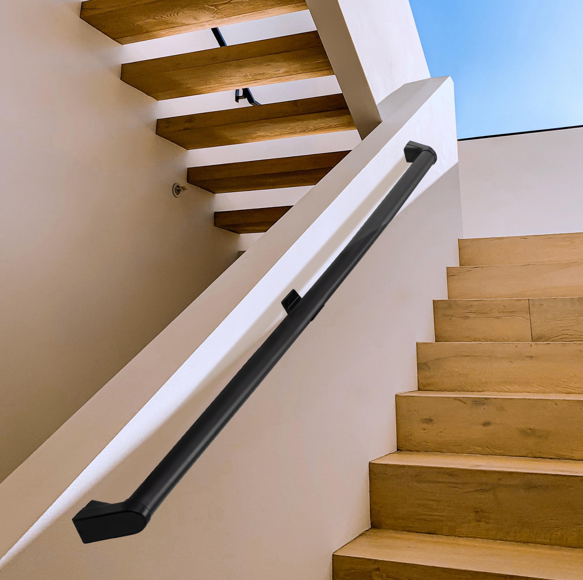 Photo 1 of 10FT Modern Aluminum Handrail Set - ADA Compliant Indoor & Outdoor Stair Railing. 1.4" Diameter Grab Bar. Wall-Mounted with 90°Wall Return End. Ideal for Safe Grip?Rust Free(Matte Black, 10FT)