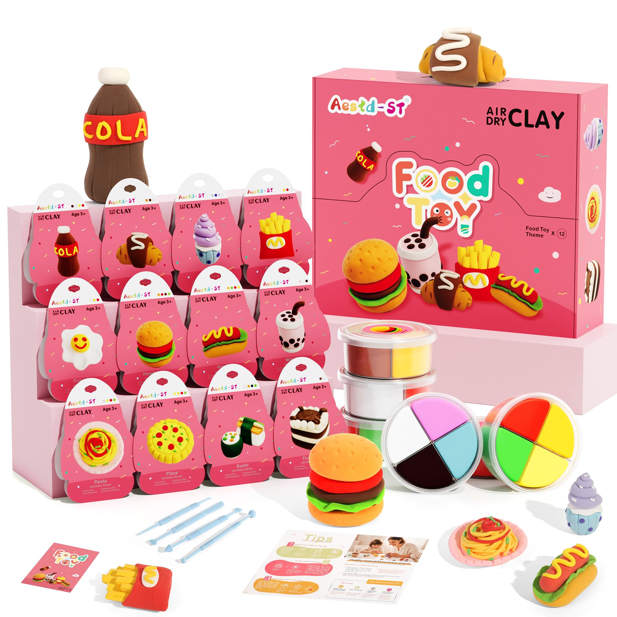 Air Dry Clay Kit - Food Toy Theme, Modeling Clay for Kids, DIY Model Magic Clay with Tools and Tutorials, 12 Boxes Molding Clay, Ultra Light, Soft & Non-Sticky, Arts and Crafts Gift for Kids