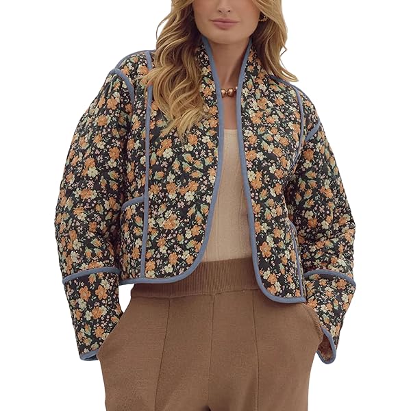 Aimiray Women's Cropped Floral Puffer Jacket Cardigan Printed