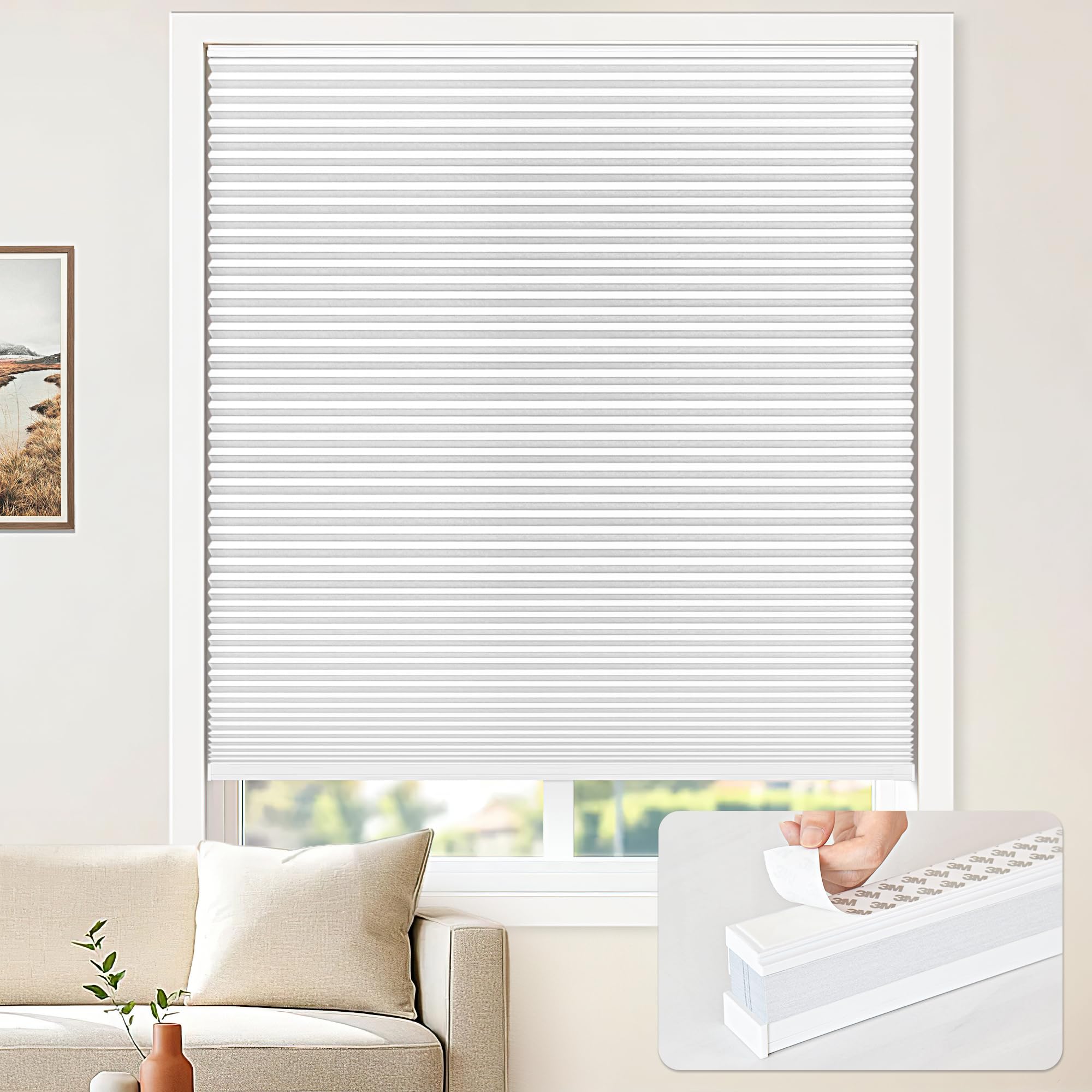 Photo 1 of LazBlinds Cordless Cellular Blinds, No Drill Blackout Honeycomb Shades for Indoor Windows, Insulated UV Protection Cellular Shades, Easy Inside Mount, 22.5" W x 48" H, White